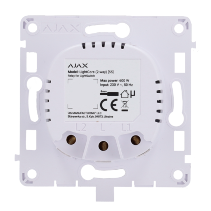 Relé para interruptor de luz conmutable - Inalámbrico 868 MHz Jeweller - Alcance de comunicación hasta 1100 m - Alimentación 230 V AC 50 Hz - Sin necesidad de cable neutro - Ajax - LightSwitch LightCore (2 Way)