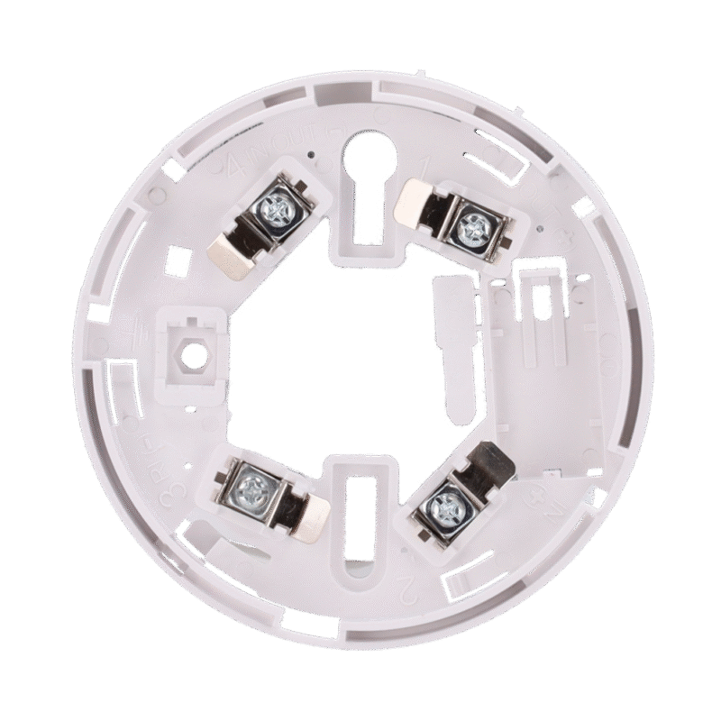 Base de perfil bajo – Compatible con detectores V2 y base alta – Necesaria para instalación de detector – Marca de montaje fácil – Posibilidad de bloquear el detector a la base – Compatible con piloto indicador de acción